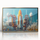 Mid-century modernist art deco poster featuring a vintage spacecraft design in muted gold and black tones, framed acrylic.