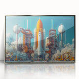 Art deco poster of a spacecraft in silver and gray tones on acrylic, ideal for modern nursery wall decor.