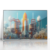 Mid-century modernist spacecraft illustration in muted gray, framed acrylic, ideal for nursery wall art.