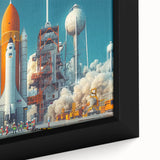 Extra large black wall art on canvas featuring a colorful, textured depiction of a spacecraft, ideal for living room decor.