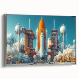 Vintage poster art of a colorful spacecraft, rendered in black and silver on a framed canvas.