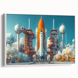 Framed canvas depicting a vintage spacecraft poster in black and white, ideal for bedroom wall art.