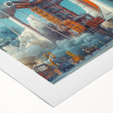 Art deco poster of a vintage spacecraft, featuring muted metallic colors on rolled canvas, suitable for dining room decor.