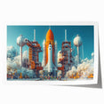 Spacecraft illustration in muted gray on a rolled canvas, suitable for art wall dining room.