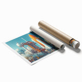 Rolled print of a spacecraft, executed in sharp monochrome tones, suitable for modern bathroom decor.