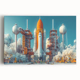 Black and white stretched canvas featuring a detailed spacecraft design, ideal for kitchen wall art.