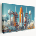 Spacecraft illustration in neutral and blue tones on stretched canvas, suitable for kitchen wall art.