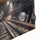 Acrylic print of a large abstract subway design in muted colors, ideal for dining room art in a mid-century modernist style.