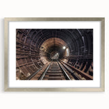 Textured abstract art print of a subway in muted gray and silver tones, framed with mat, ideal for bedroom art.
