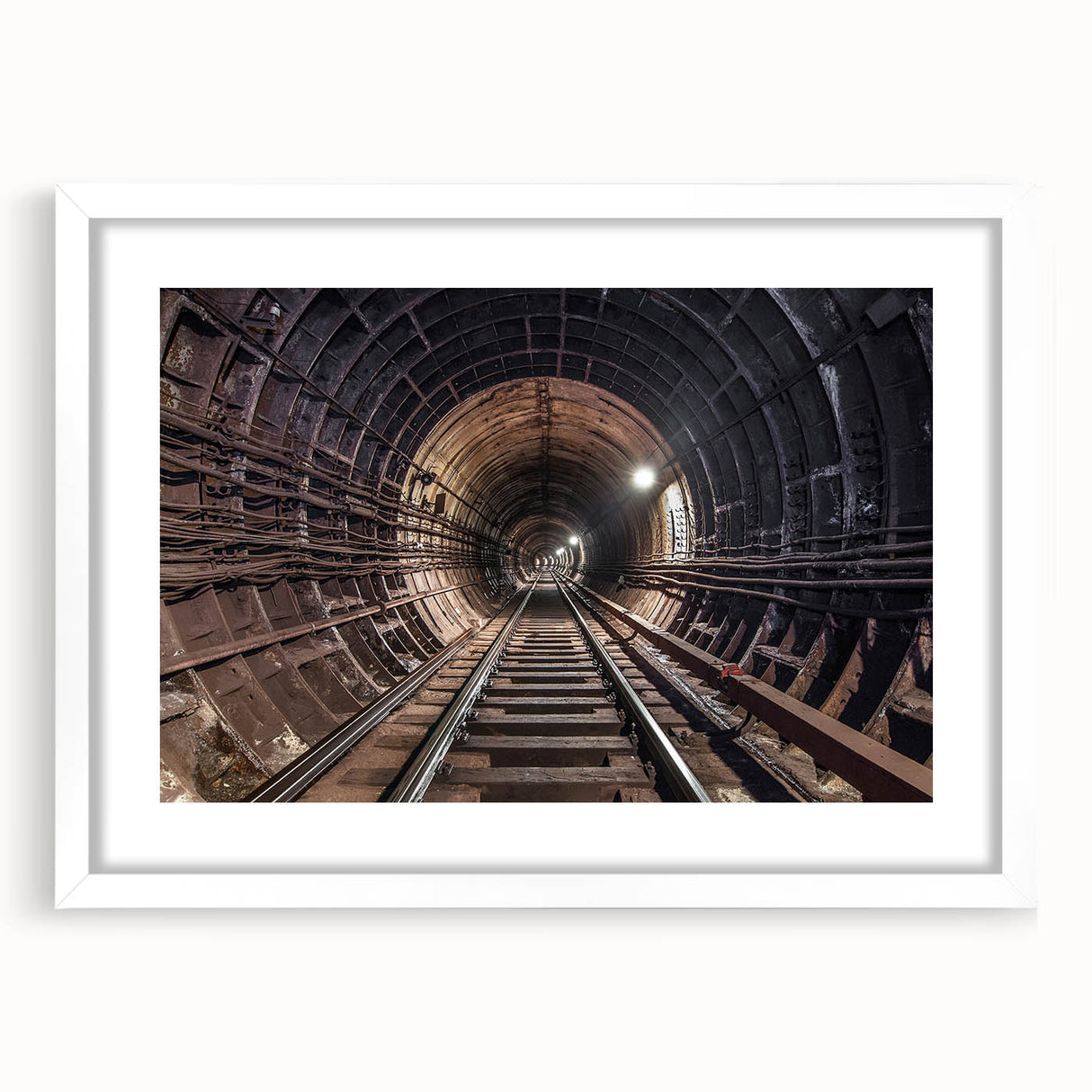 Abstract art print of a subway in muted gray and blue tones, framed poster, ideal for dining room decor.