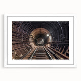 Abstract art print of a subway in muted gray and blue tones, framed poster, ideal for dining room decor.