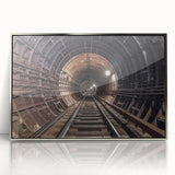 Mid-century modernist subway art in acrylic frame with silver edges, featuring muted earth tones.