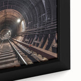 Black wall art featuring a textured subway scene on a framed canvas, with colorful accents, ideal for a living room.