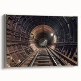 Framed canvas featuring a vintage poster art of a colorful subway landscape.