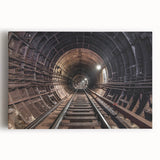 Black and white photo of a subway train on stretched canvas, ideal for kitchen wall art.