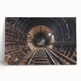 Black and white photo of a subway train on stretched canvas, ideal for kitchen wall art or bedroom decor.
