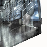 Mid-century modernist large art print of abstract subway design in muted earth tones on acrylic glass.