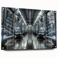 Acrylic print of a modern abstract subway design in cool blue and gray tones, ideal for dining room decor.