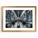 Extra large abstract art print of a subway, featuring textured gray and metallic tones on a framed canvas.