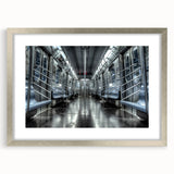 Textured abstract art print of a subway in muted grays and blues, framed in silver, ideal for modern bedroom ambiance.