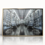 Mid-century modernist subway design in muted gold tones on a large framed acrylic print, ideal for modern art wall decor.