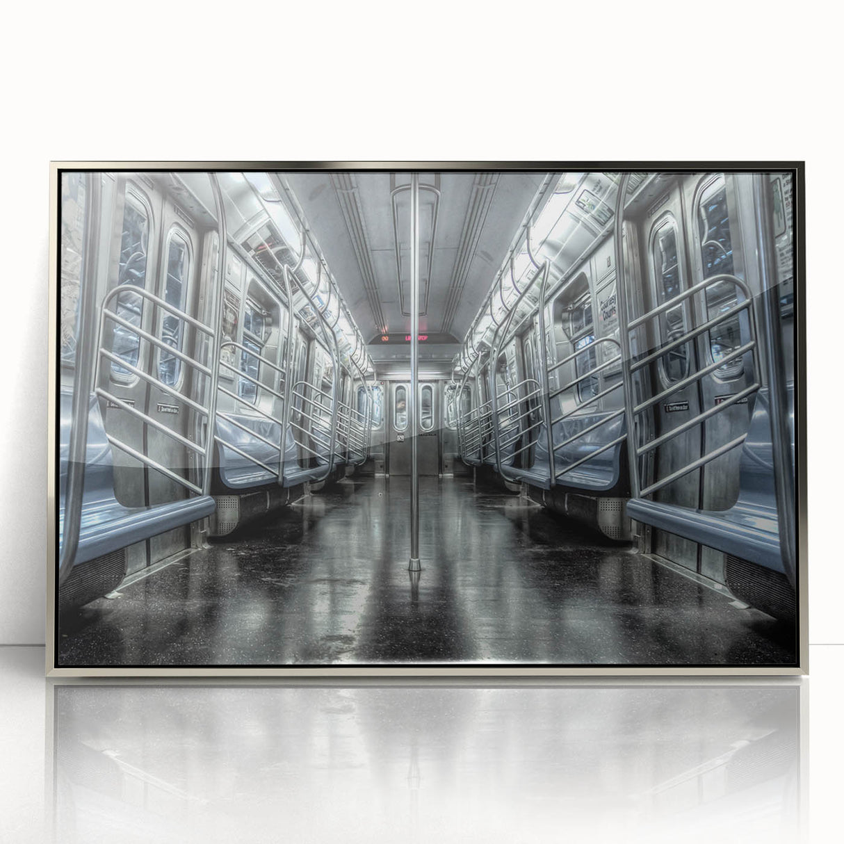 Mid-century modernist acrylic print of a subway, in muted silver tones, ideal for modern art wall decor.