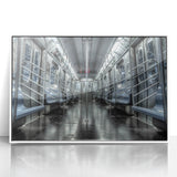 Art Deco style poster of a subway, rendered in sharp geometric shapes, using a monochrome palette.