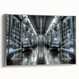 Framed canvas depicting a vintage subway train in black with colorful accents, ideal for adding character to an office space.