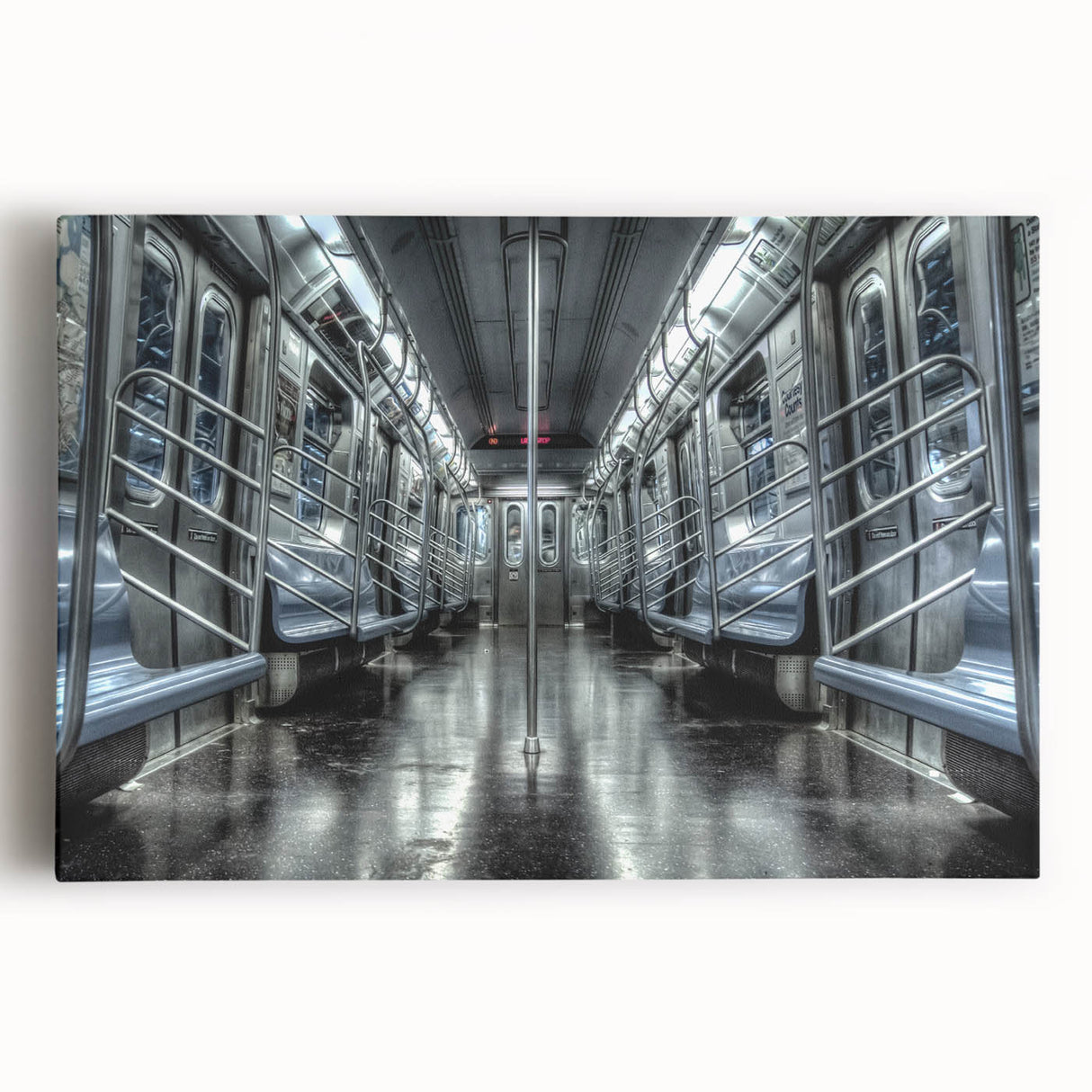 Black and white photo of a subway train on stretched canvas, ideal for kitchen wall art.
