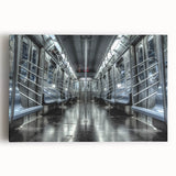 Black and white photo of a subway train on stretched canvas, ideal for kitchen wall art.