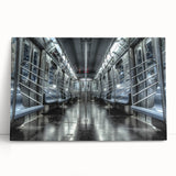 Black and white photo of a subway train on stretched canvas, ideal for kitchen wall art or bedroom decor.
