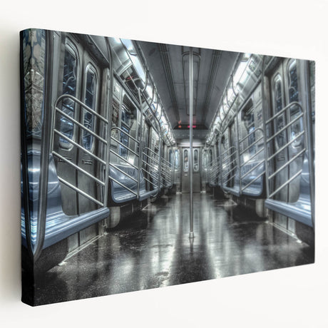 Subway train in motion depicted in vibrant blues and reds on a large stretched canvas, suitable for kitchen wall art.