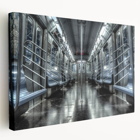 Subway train in motion depicted in vibrant blues and reds on a large stretched canvas, suitable for kitchen wall art.