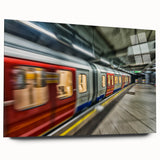 Large abstract depiction of a subway in muted gray and blue tones on acrylic glass.