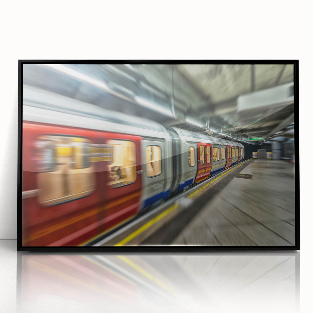 Large abstract wall art depicting a stylized subway scene in black and white, framed in acrylic, suitable for modern decor.