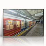 Mid-century modernist art deco subway design in a silver-framed acrylic print, featuring muted gray and blue tones.