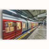 Black and white photo of a subway train on a stretched canvas, suitable for kitchen wall art.