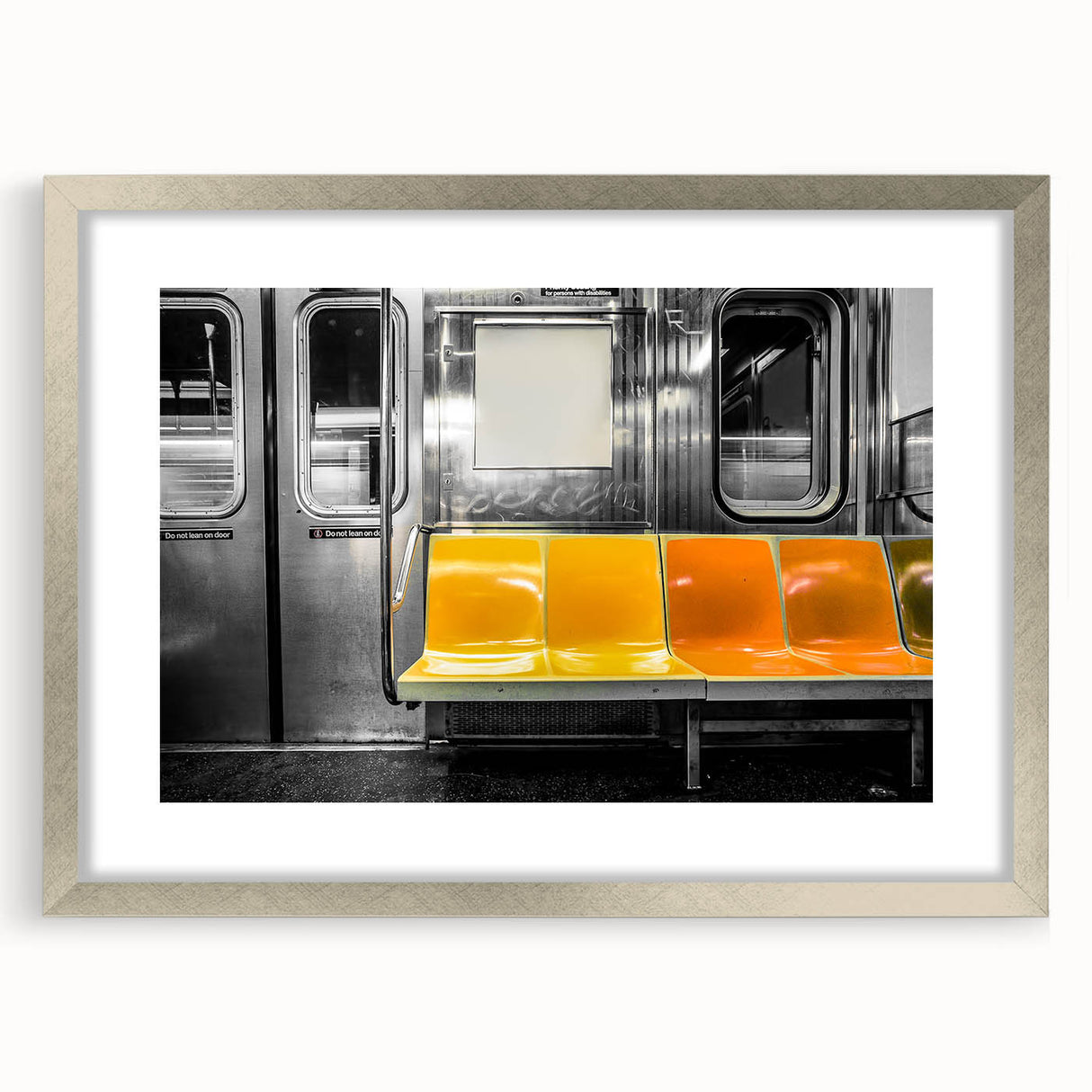 Textured abstract art print of a subway in muted gray and silver, framed in silver, ideal for modern bedroom decor.