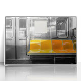 Art deco poster of a vintage subway, rendered in bold black and white tones, framed in white acrylic.