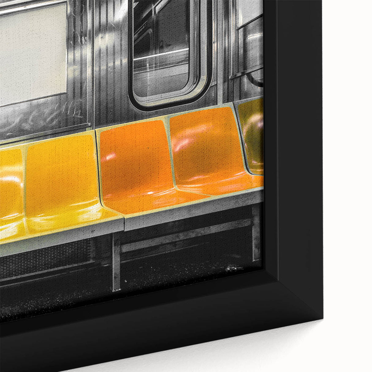 Close-up of a black framed canvas featuring a colorful, textured subway scene, ideal for extra large living room wall art.