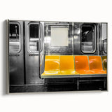 Framed canvas featuring a vintage poster of colorful subway trains on a black background.