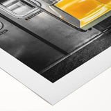 Art deco poster of a vintage subway design in muted gold and navy tones on rolled canvas, suitable for dining room wall art.