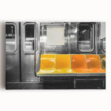 Black and white photo of a subway train on stretched canvas, ideal for kitchen wall art.