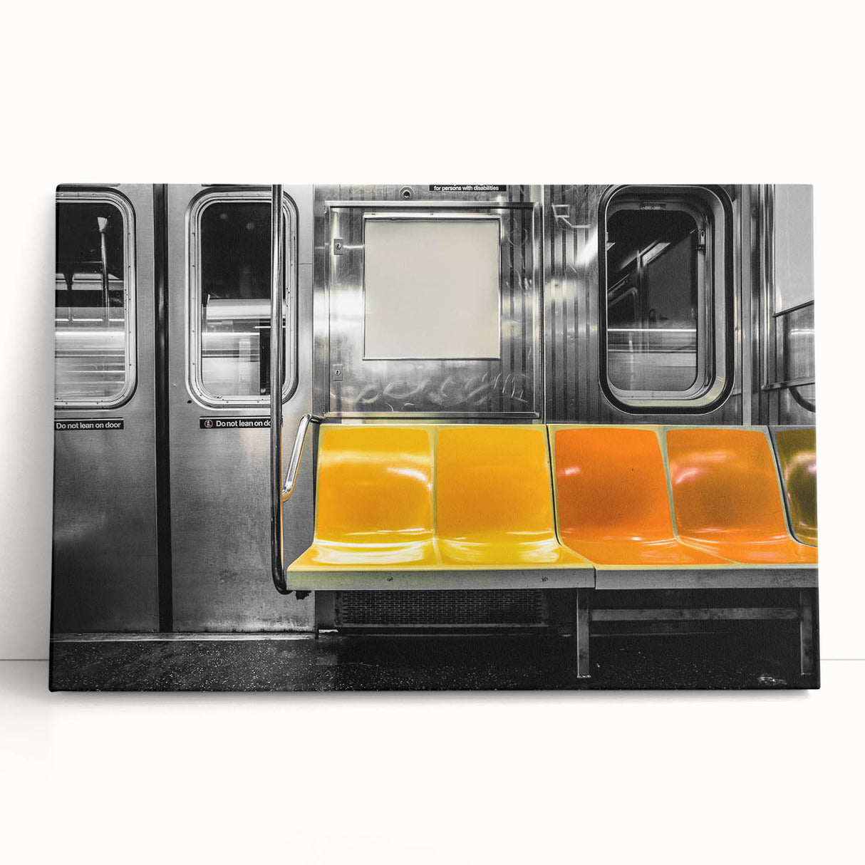 Black and white photo of a subway train on stretched canvas, ideal for kitchen wall art or bedroom decor.