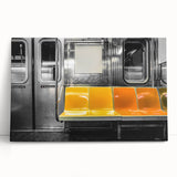 Black and white photo of a subway train on stretched canvas, ideal for kitchen wall art or bedroom decor.