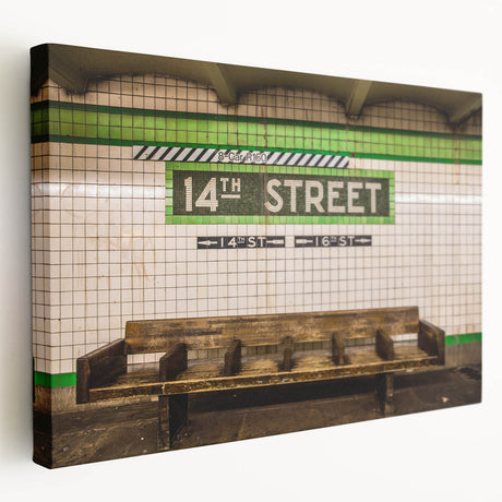 Subway train in motion depicted in vibrant colors on a large stretched canvas, suitable for kitchen wall art.