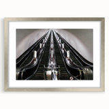 Textured art print of an abstract subway design in muted grays and blues, framed in silver.