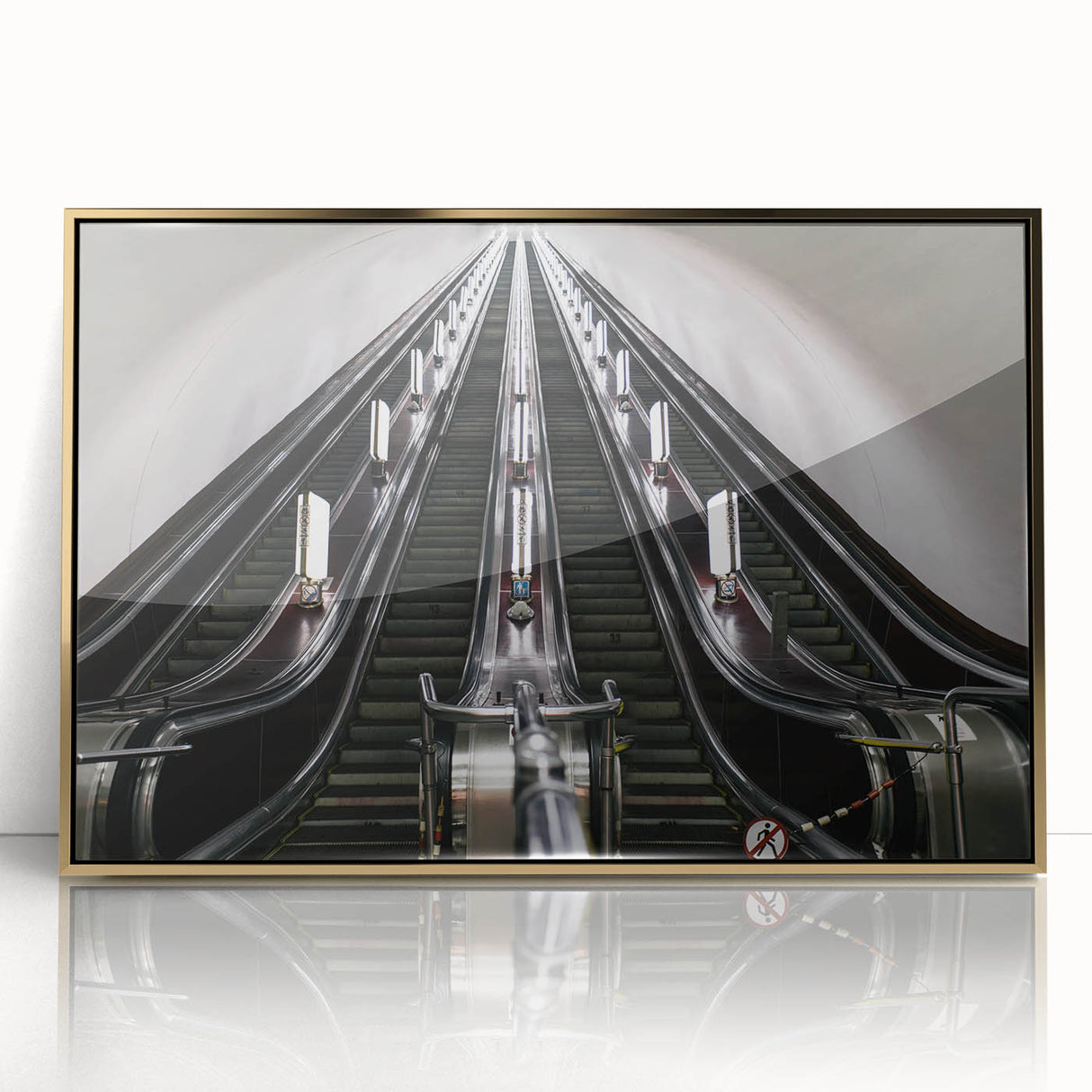 Mid-century modernist subway design on a large acrylic print with gold frame, featuring muted earth tones.
