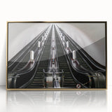 Mid-century modernist subway design on a large acrylic print with gold frame, featuring muted earth tones.
