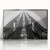 Mid-century modernist art of a subway in muted metallic tones on a framed acrylic, ideal for modern art wall decor.
